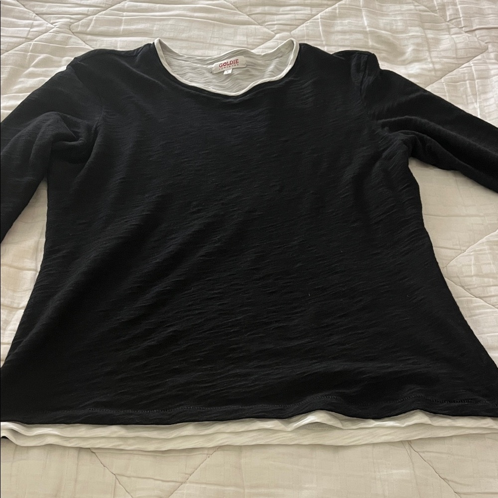 Goldie small long sleeve knit tee with double layer look black and white worn 2x